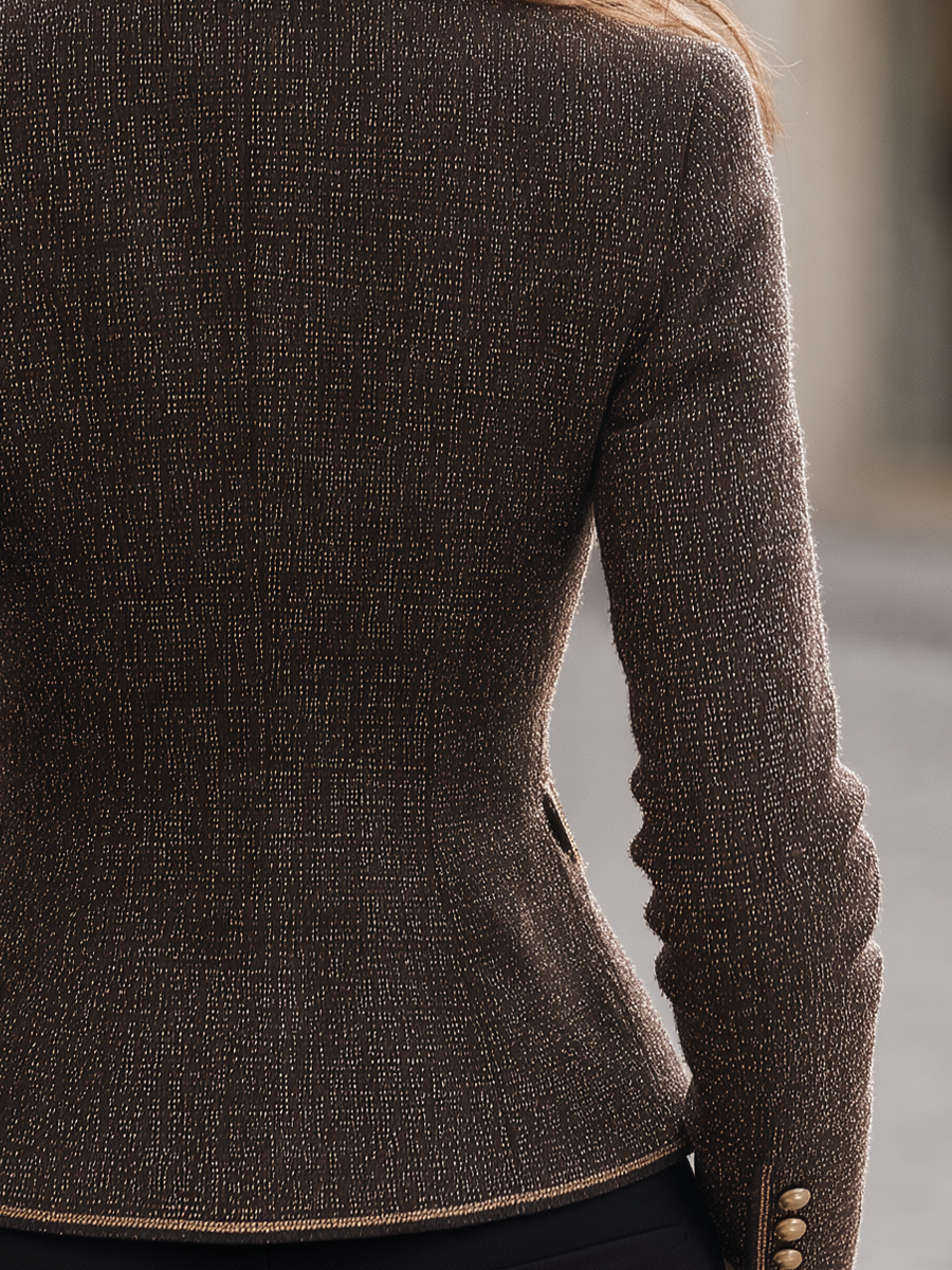 Brown Speckled Tweed Stand Collar Fitted Jacket