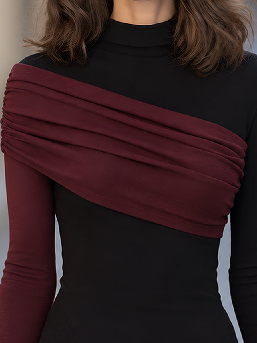 Black Contrast Draped Shoulder Long Sleeve Top