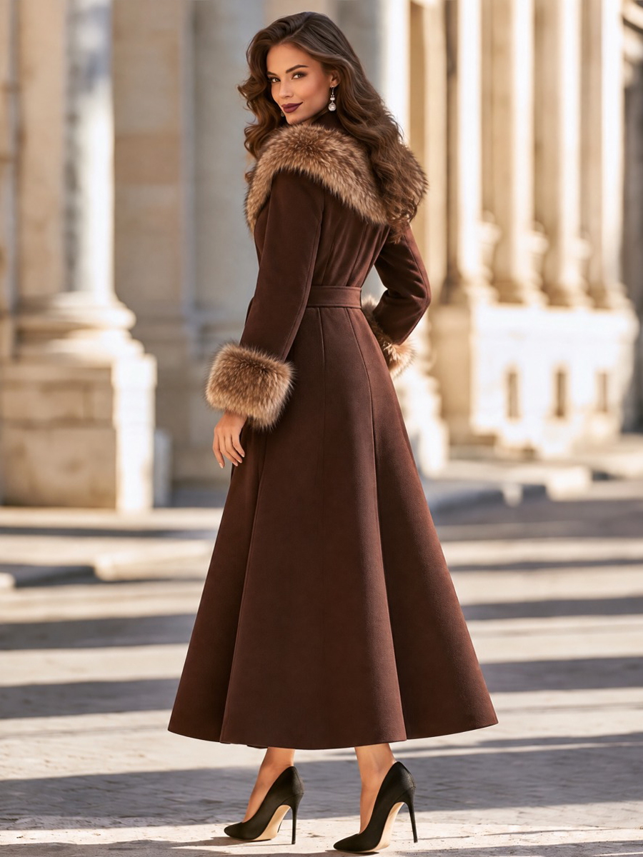 Detachable Fur Collar And Cuffs Tie Waist A-Line Coat