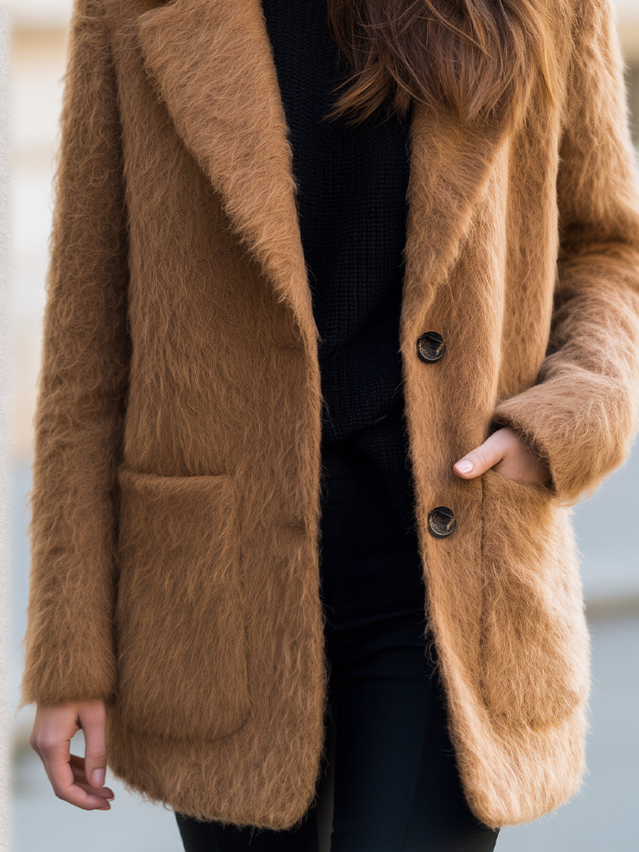 Notched Lapel Shaggy Fuzzy Wool‑Blend Short Blazer Coat