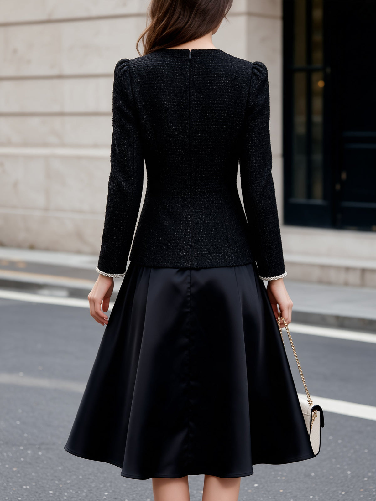Pearl Button Tweed And Satin Panel Midi Dress