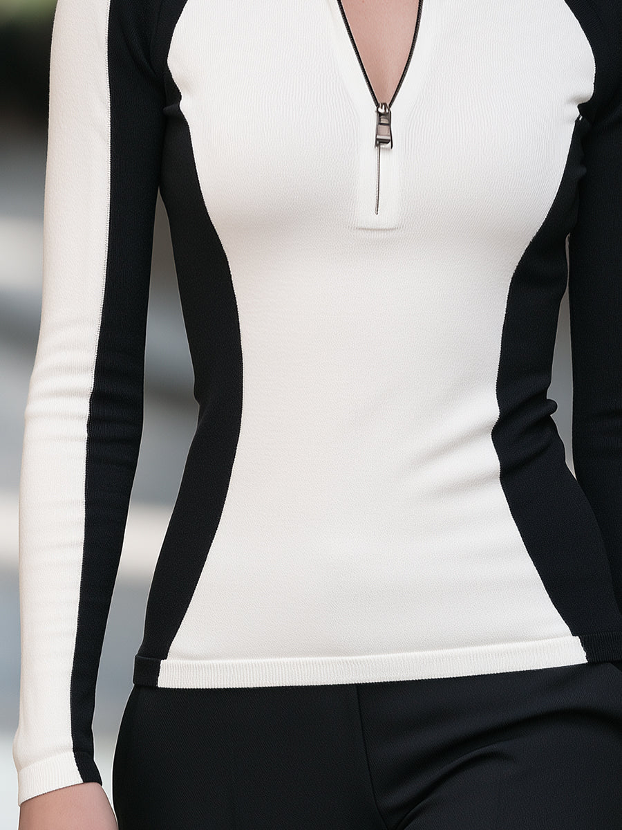 Contrast Color Zip-Up Knit Top