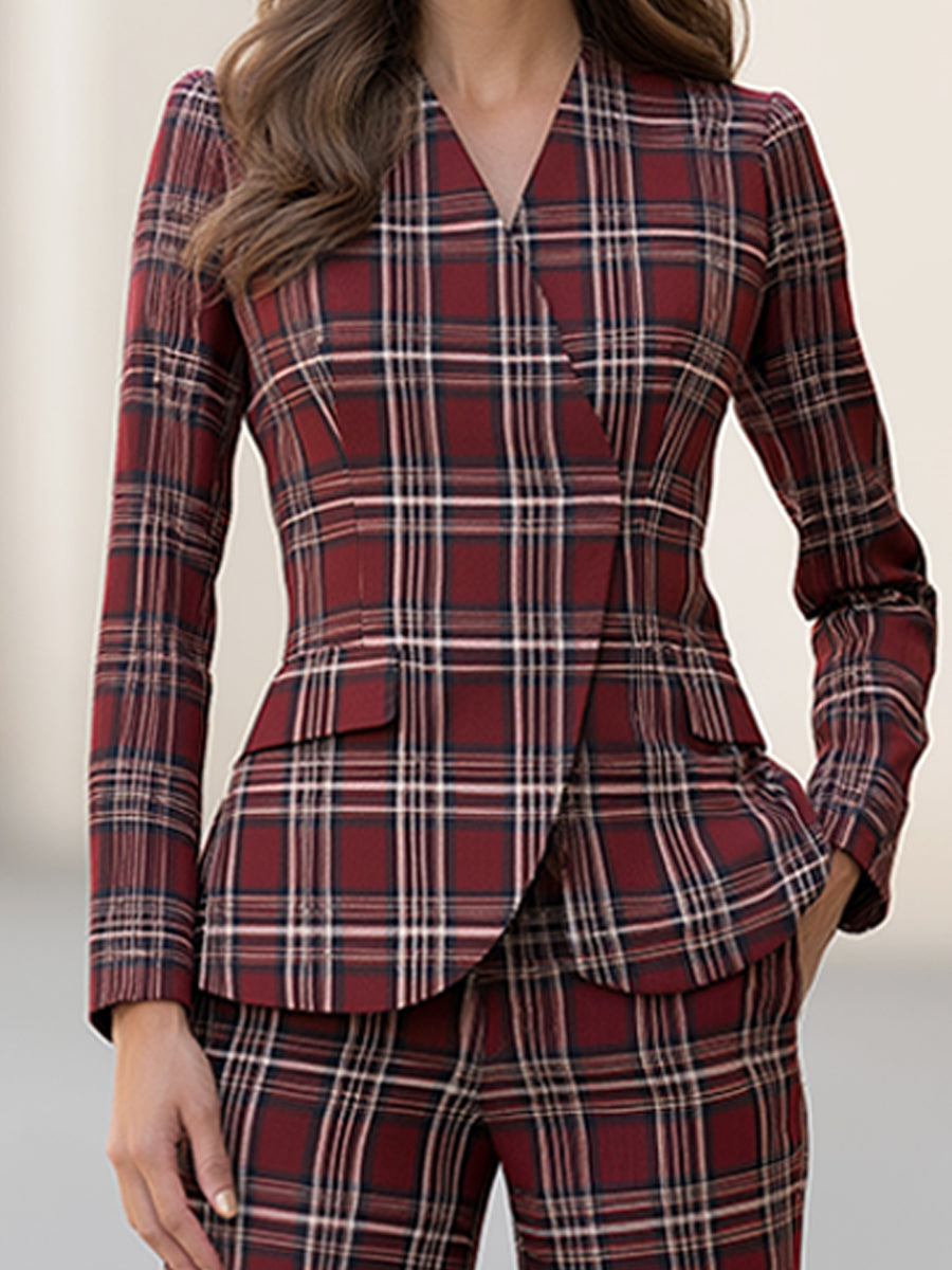 Burgundy Plaid Tailored Peplum Blazer And Wide Leg Pants Set