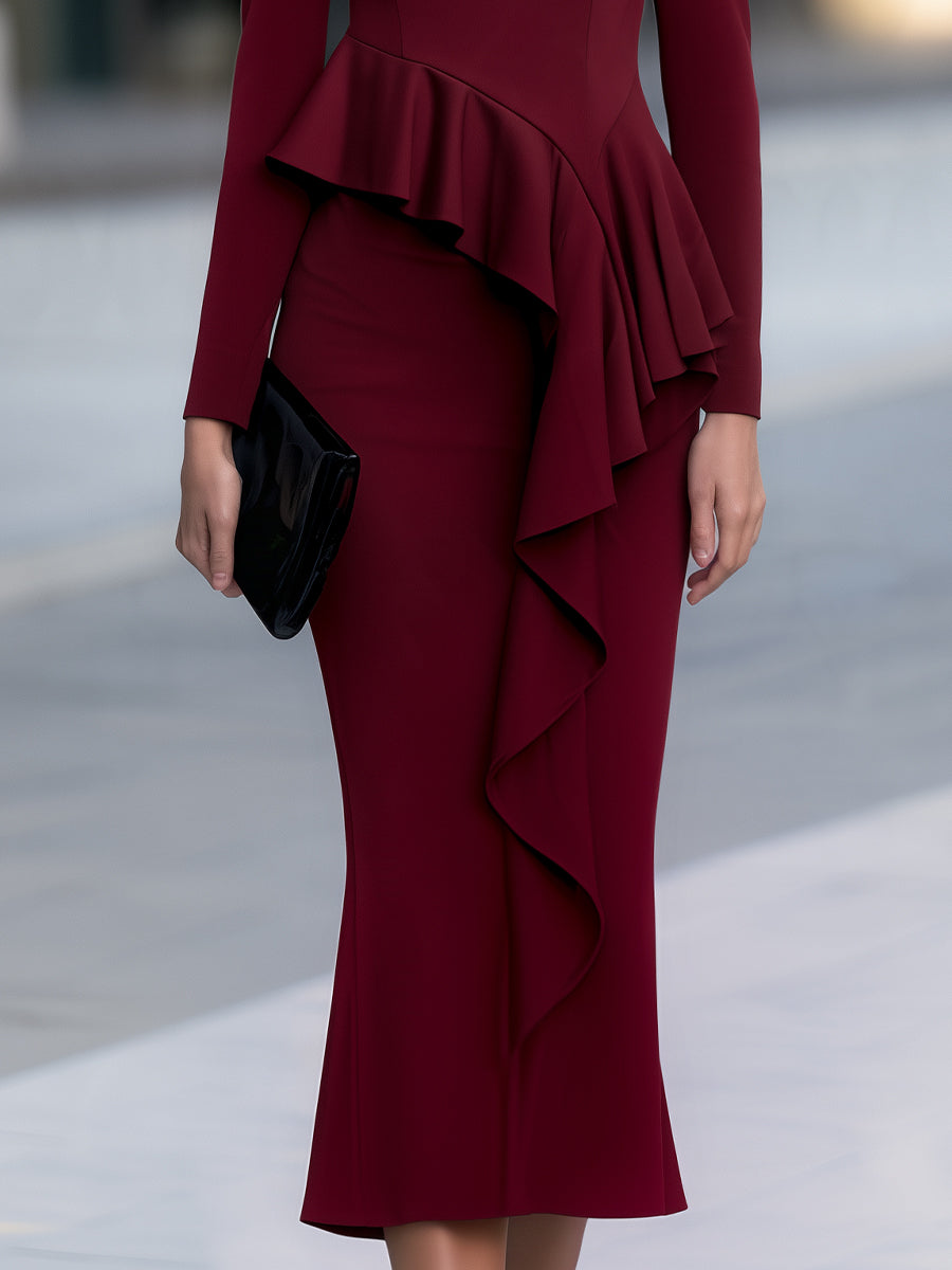 Asymmetric Ruffle Trim Long Sleeve Midi Dress