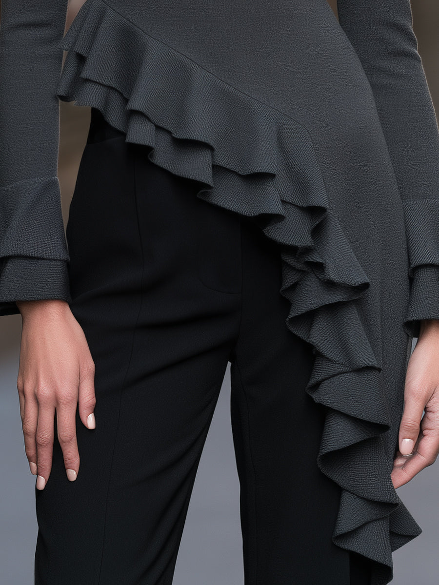 Asymmetric Ruffle Hem Bell Sleeve Knit Top
