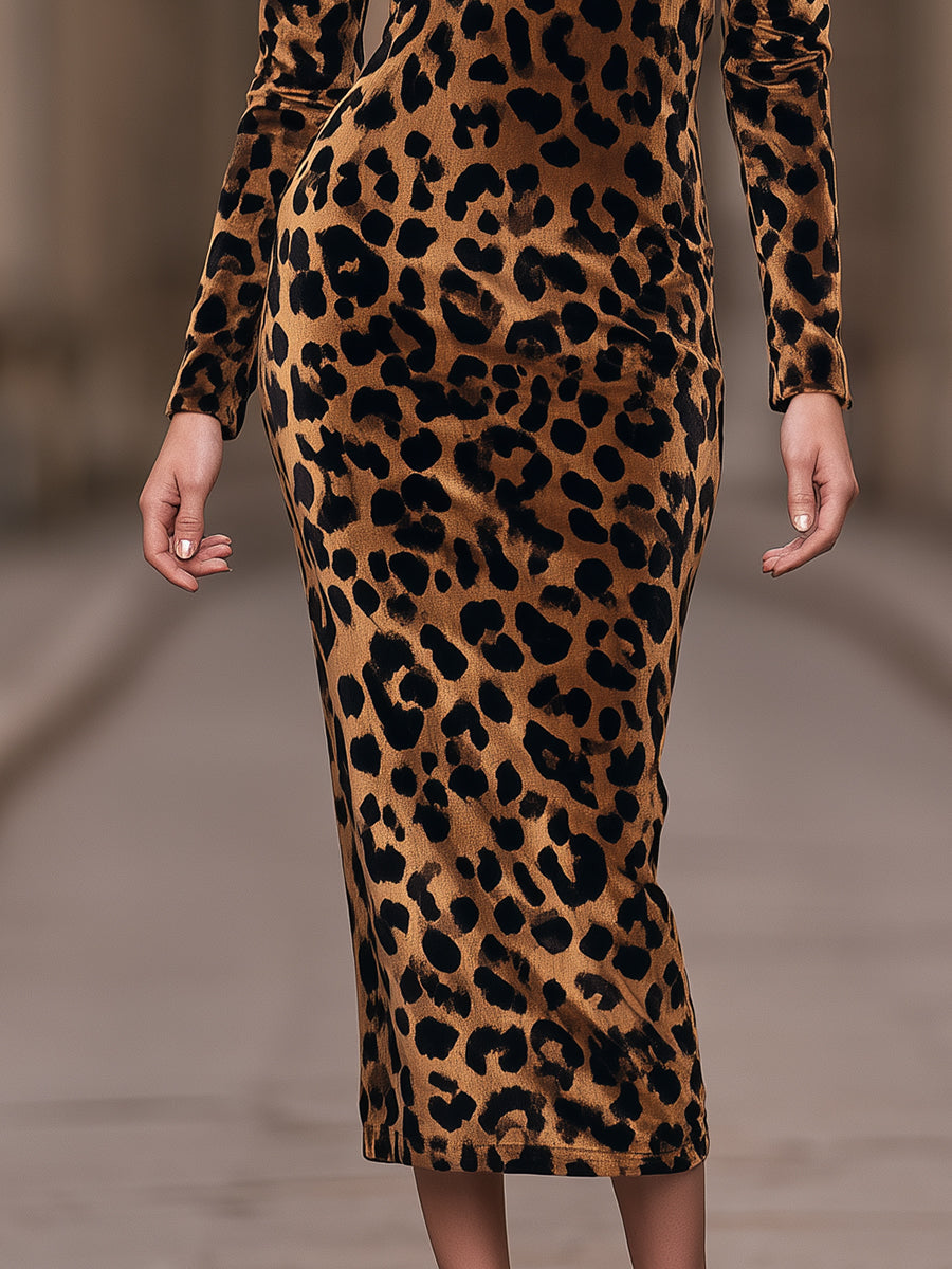 Leopard Print Long Sleeve Midi Dress