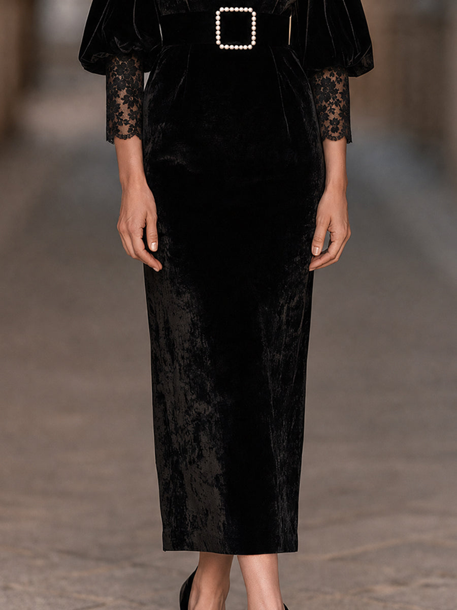 Velvet Lace Panel Midi Dress With Pearl Buckle Belt