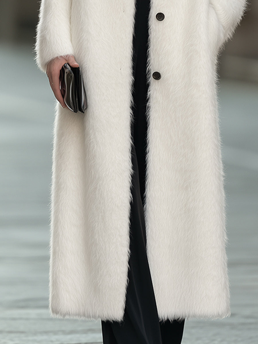 Plush Fluffy Knit Collarless Button-Front Longline Cardigan Coat