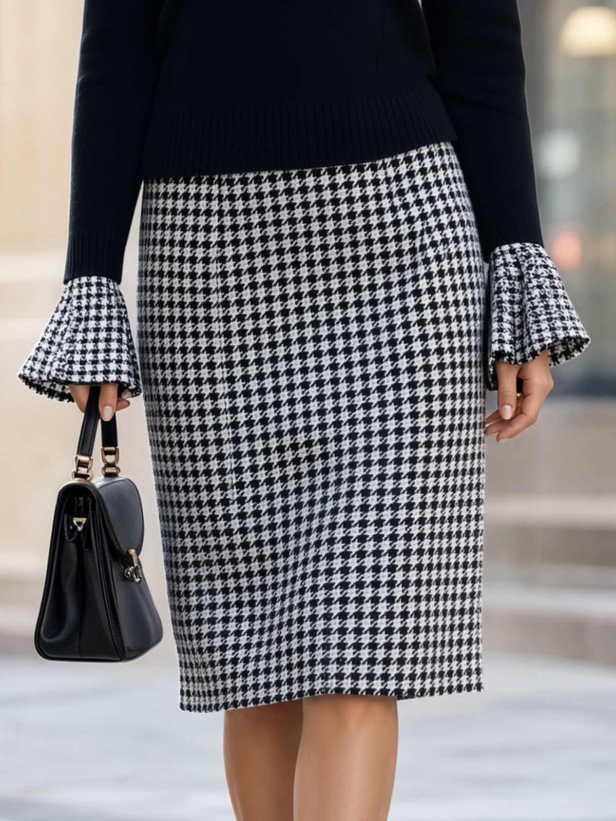 Houndstooth Ruffle Cuff V-Neck Sweater & Pencil Skirt Tailored Set