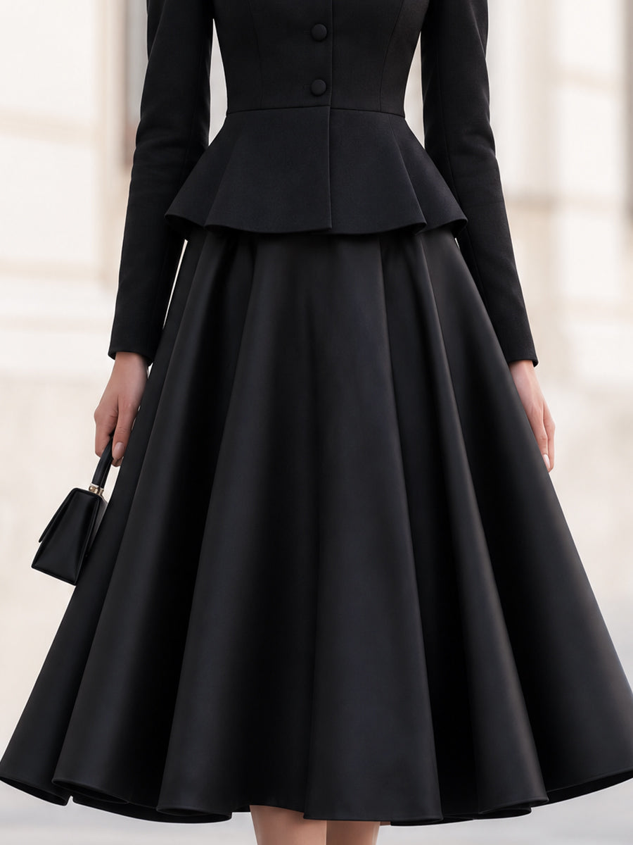 Pearl‑Trim Stand Collar Peplum Two‑Piece Midi Skirt Set