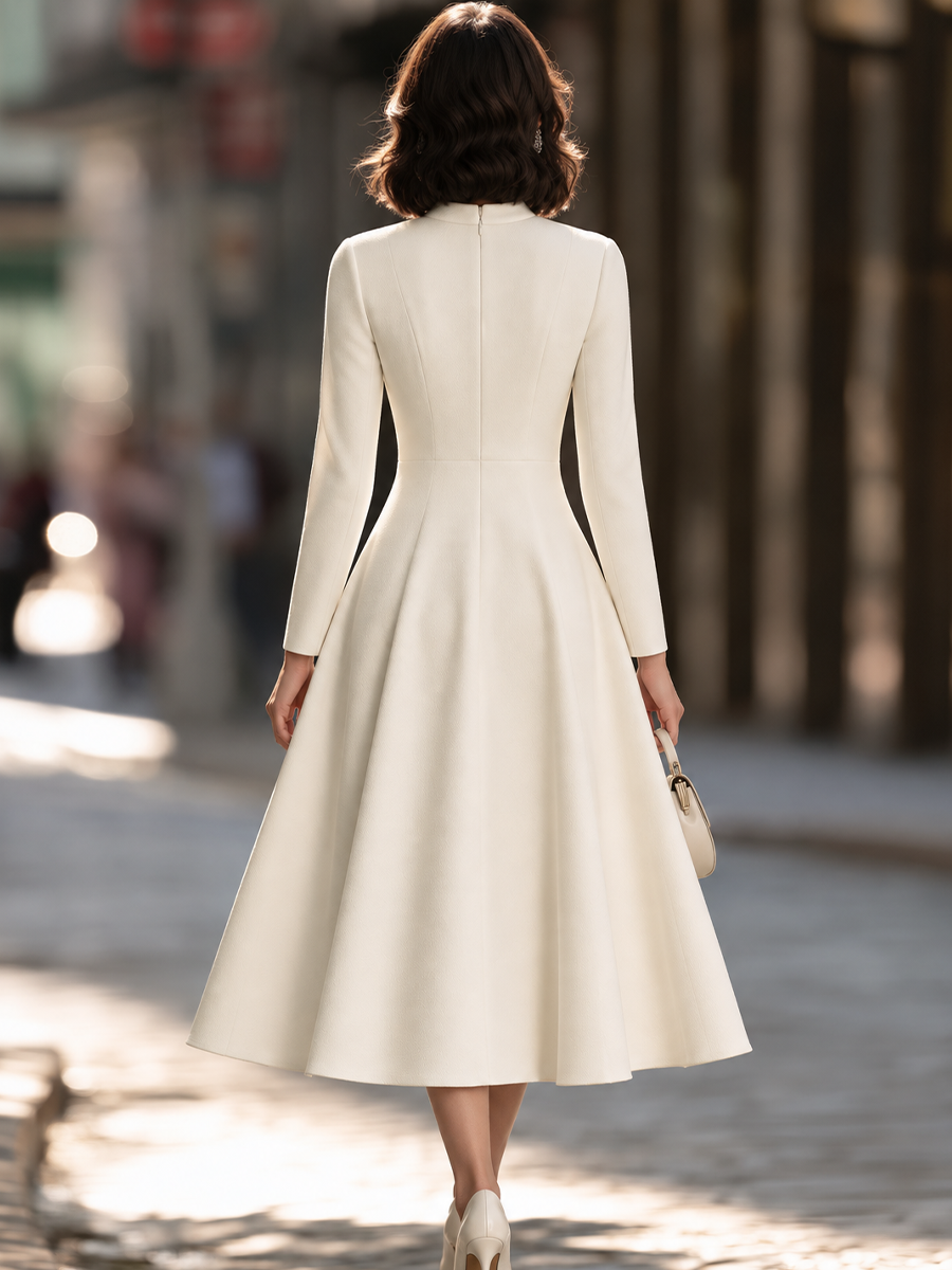 Stand Collar Split Neck Seamed Fit And Flare Midi Dress