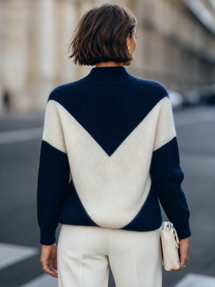 Mock Neck Chevron Color Block Fuzzy Knit Relaxed Sweater