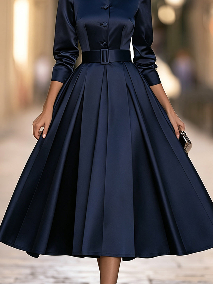 Belted Satin Button-Front Pleated Shirt Midi Dress