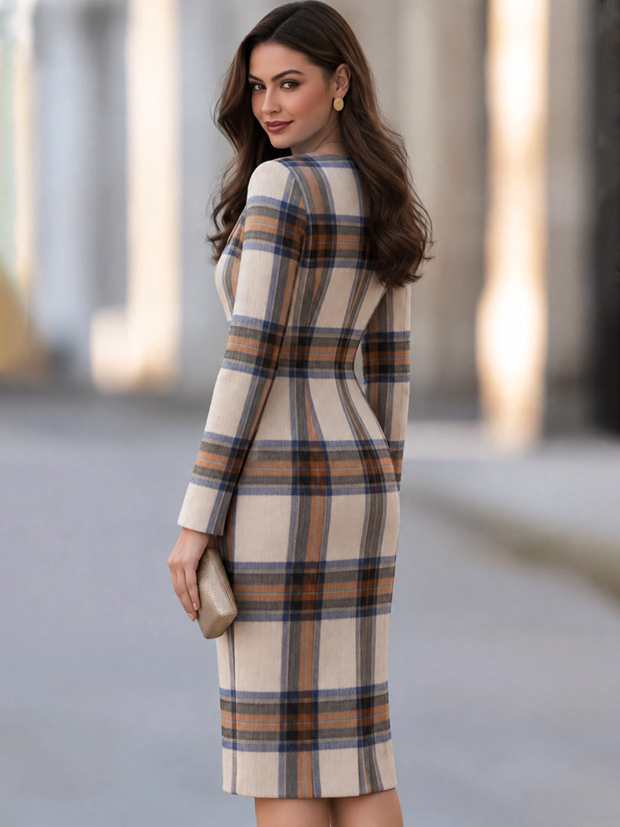 Women's Elegant Plaid Long Sleeve Button-Up Fitted Midi Dress