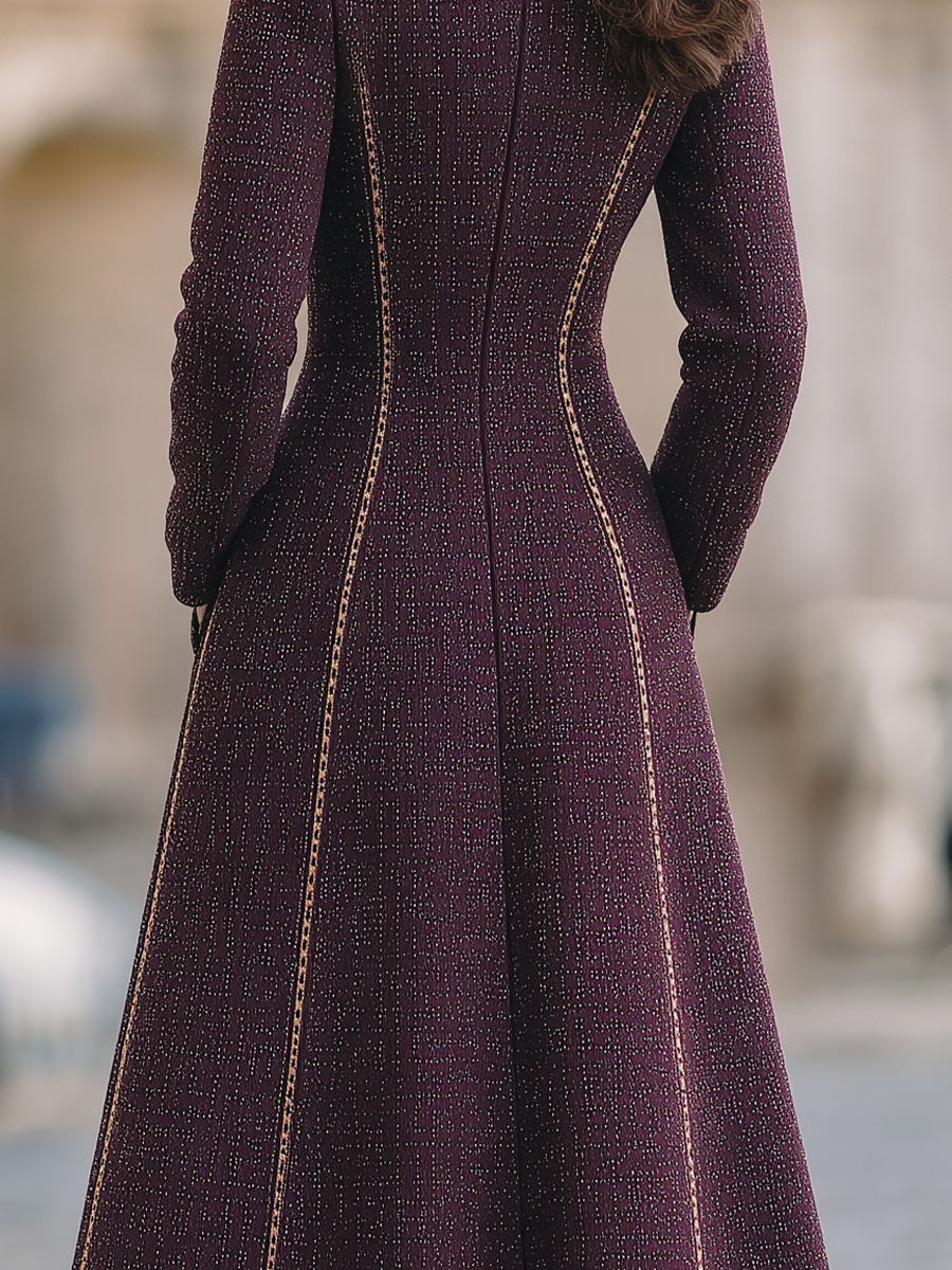Burgundy Tweed Stand Collar Gold Trim Midi Coat