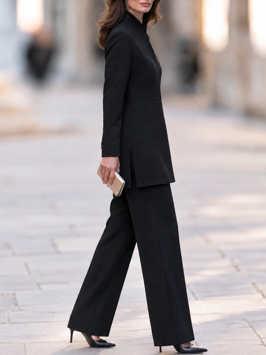 Women's Elegant Longline Jacket & Wide-Leg Trousers Two-Piece Set