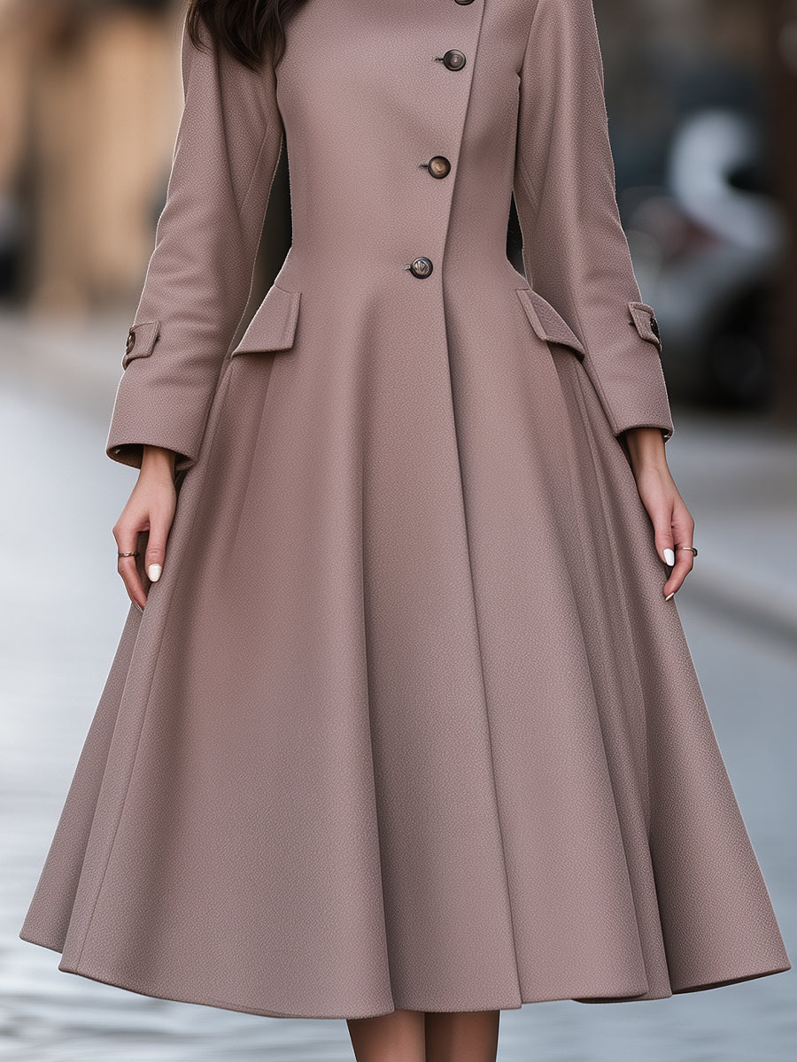 Asymmetrical High-Neck Single-Breasted Flared Wool-Blend Coat