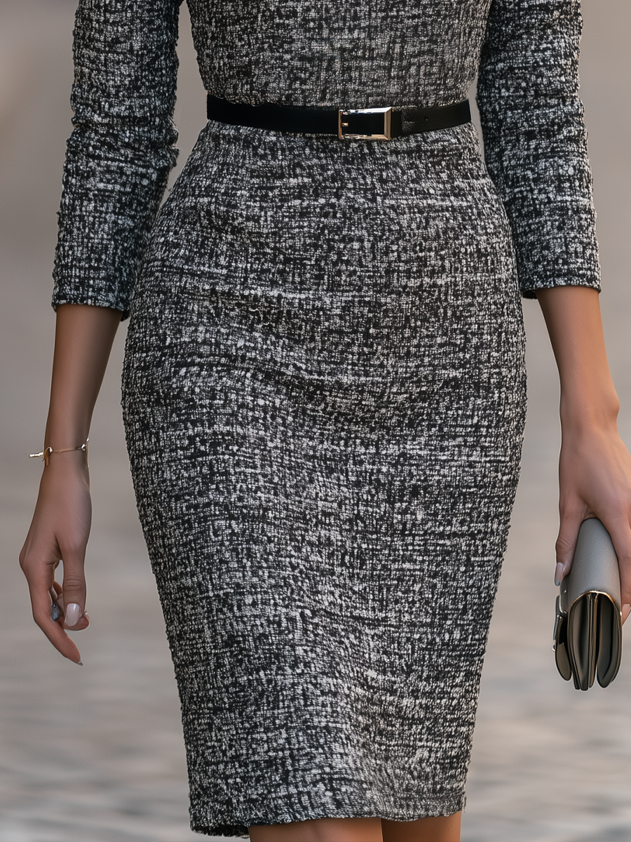 Tweed Boat Neck Belted Sheath Midi Dress
