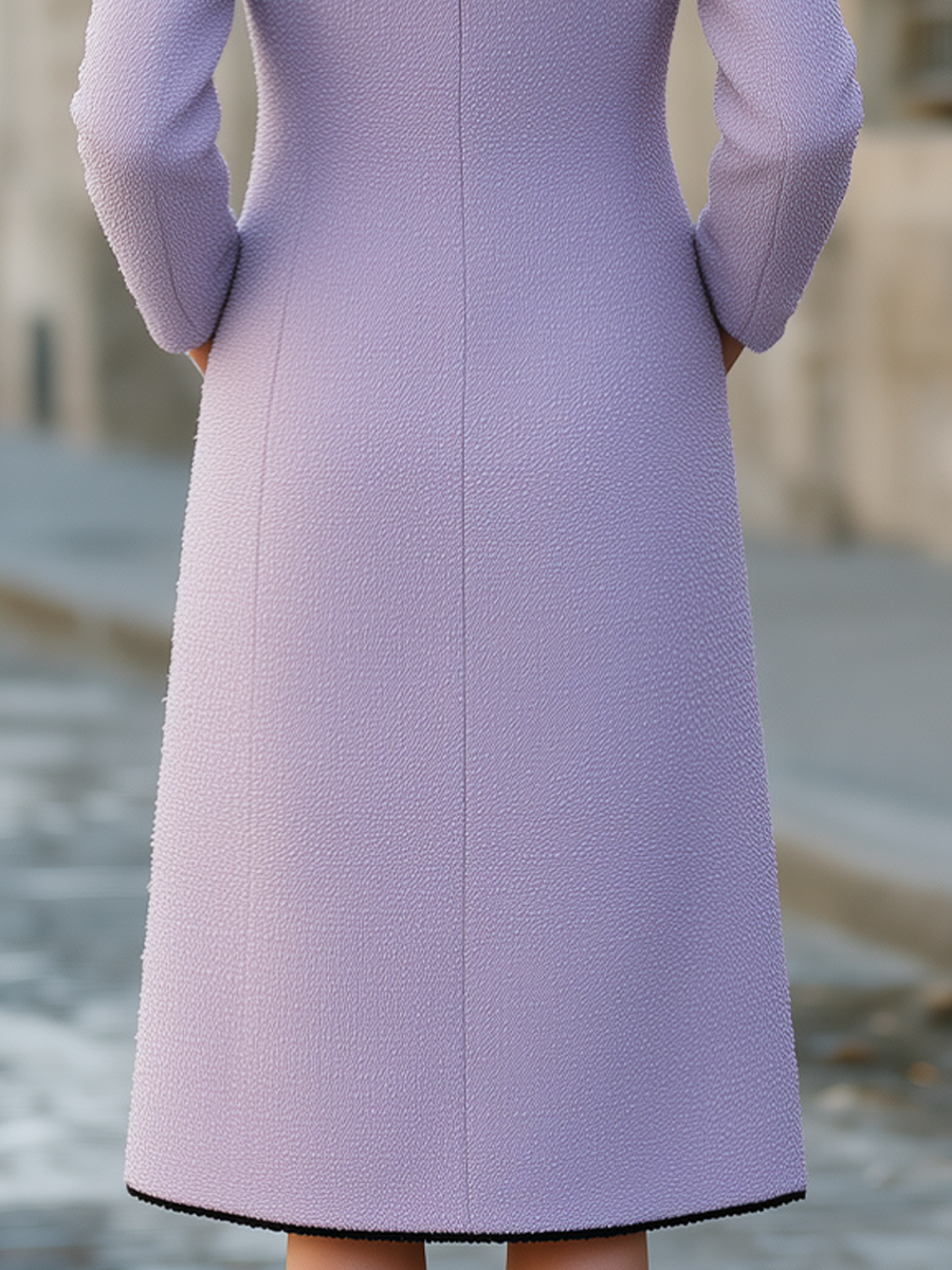 Lilac Round Neck Black Trim Pearl Button Midi Tweed Coat