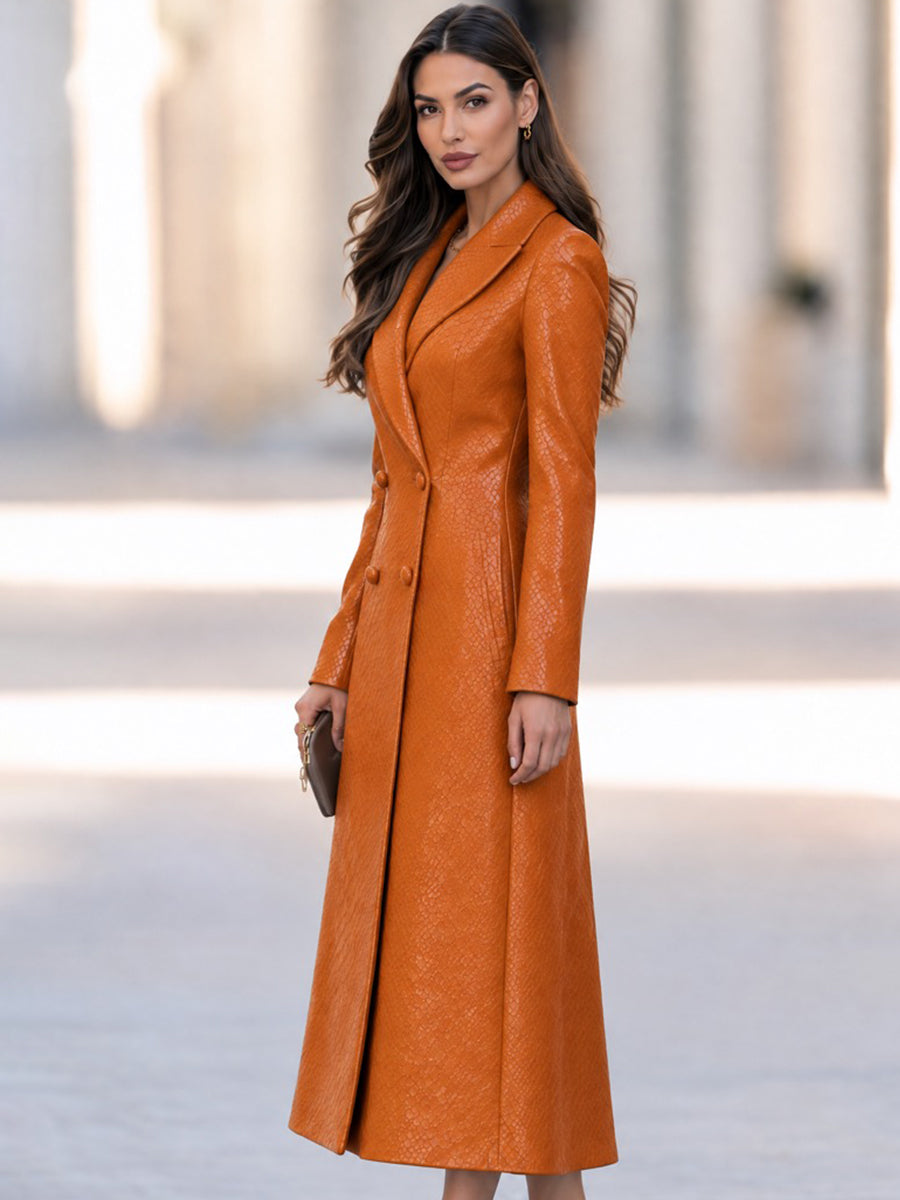 Women's Animal-Print Faux-Leather Texture Double-Breasted Long Coat
