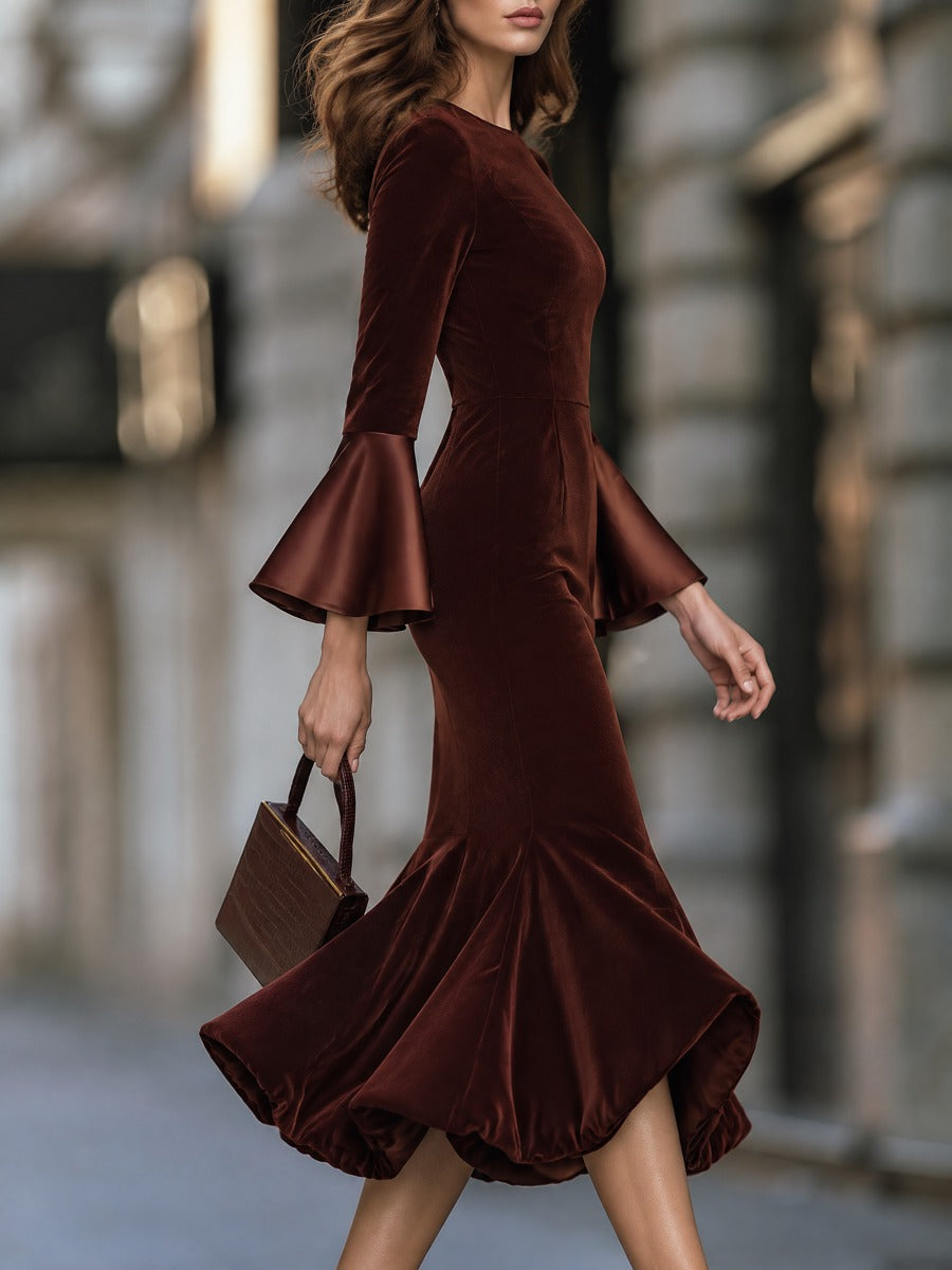 Velvet Mermaid Midi Dress With Satin Bell Cuffs