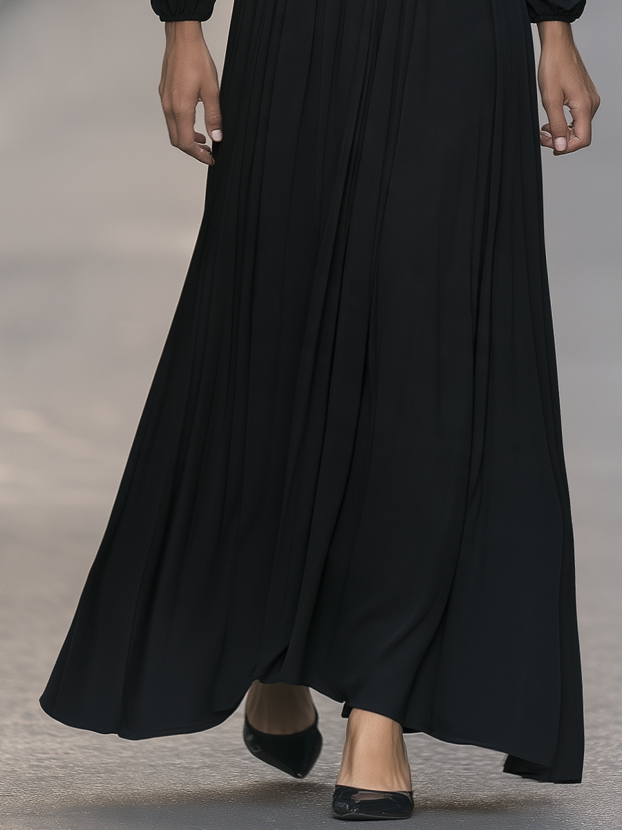 Round Neck Long Sleeve Pleated Maxi Dress
