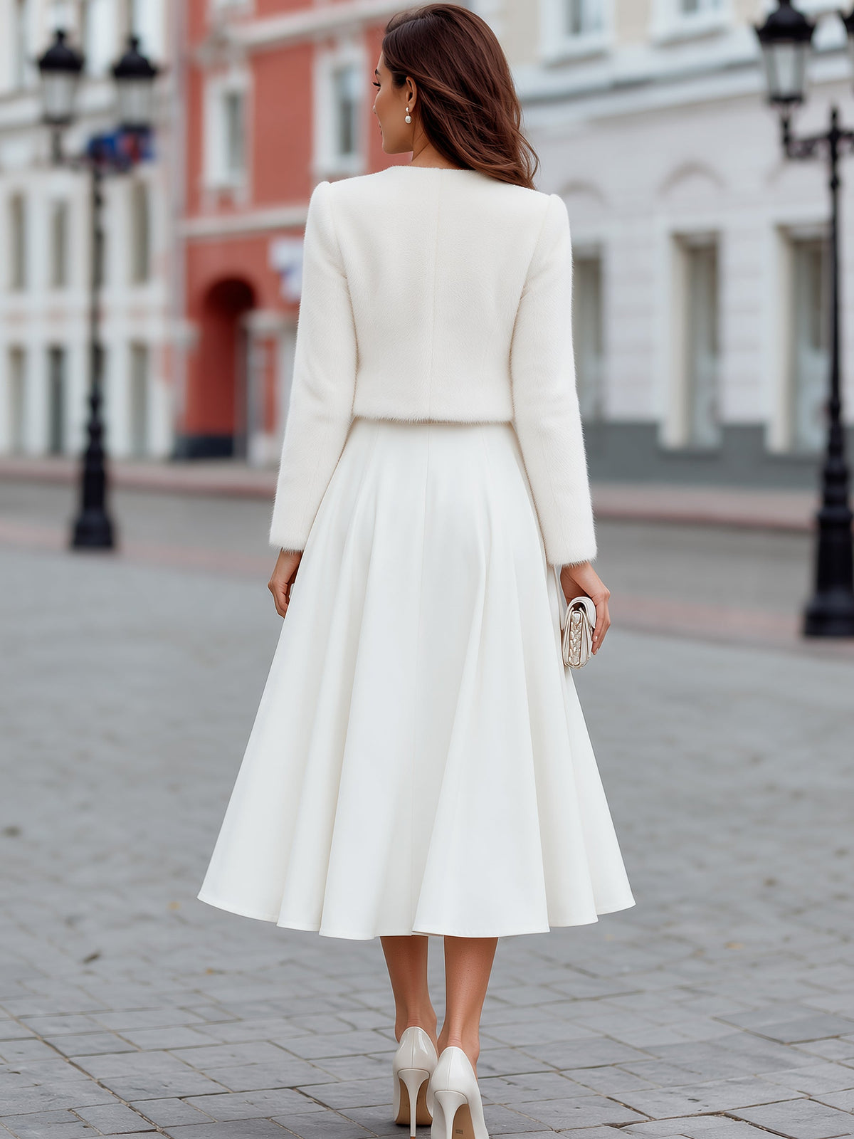 Pearl Button Faux Fur Jacket And A-Line Midi Dress Set