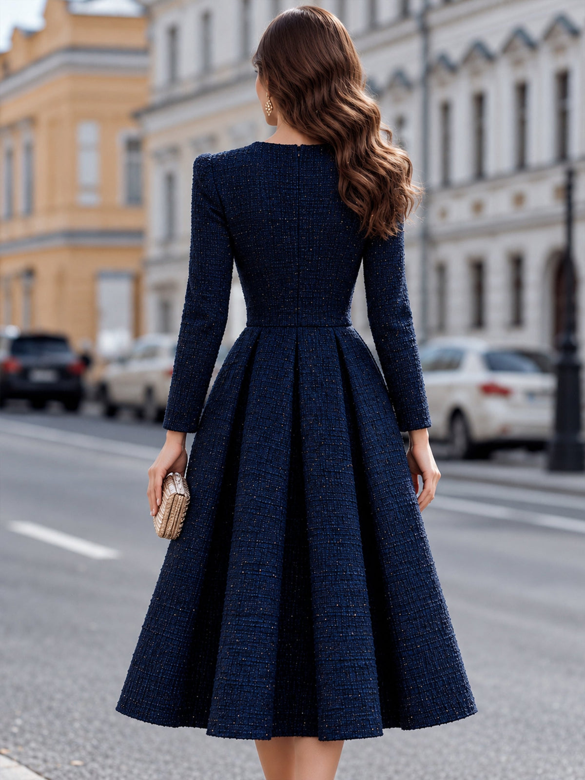 Textured Tweed Pleated A-Line Midi Dress
