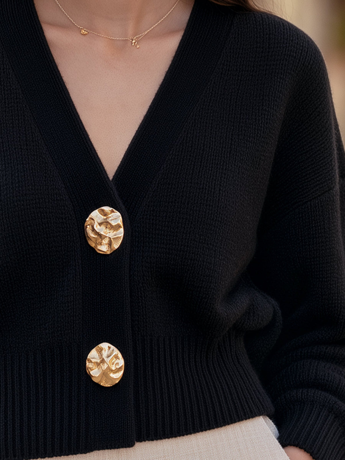 Gold Button V-Neck Knit Cardigan
