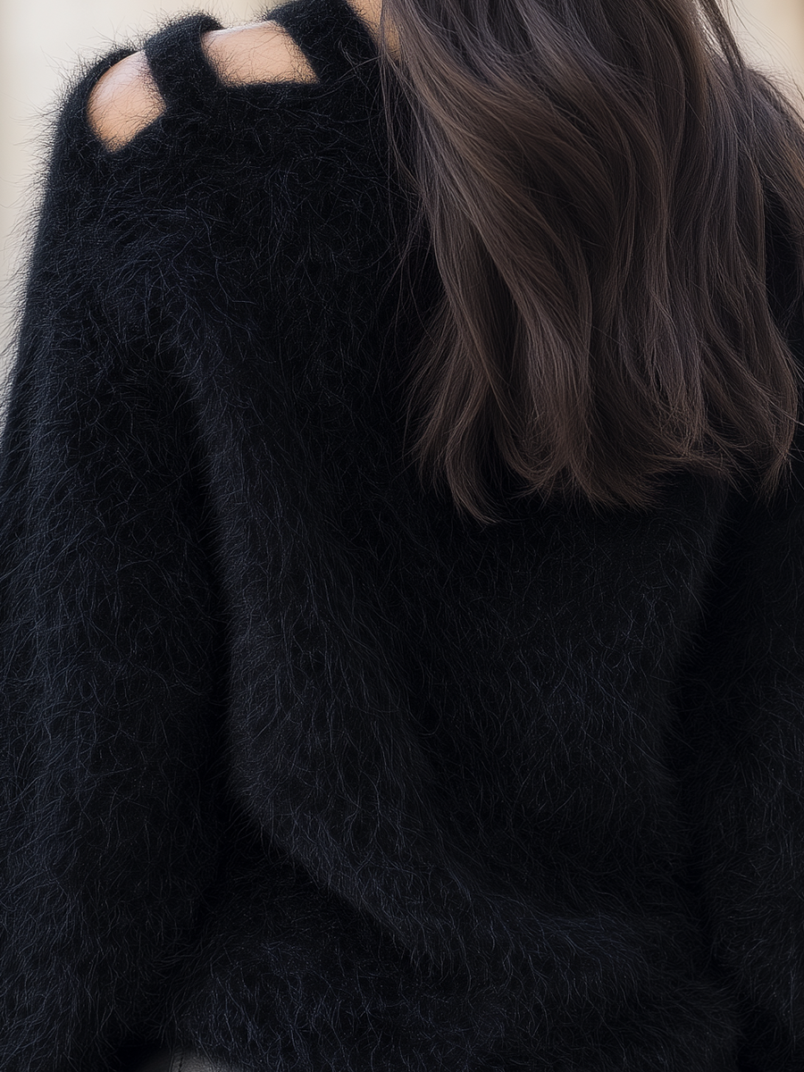Black Fuzzy Cutout V-Neck Oversized Sweater