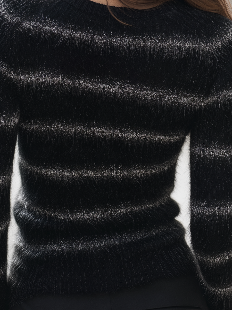 Black Fuzzy V-Neck Fitted Knit Sweater