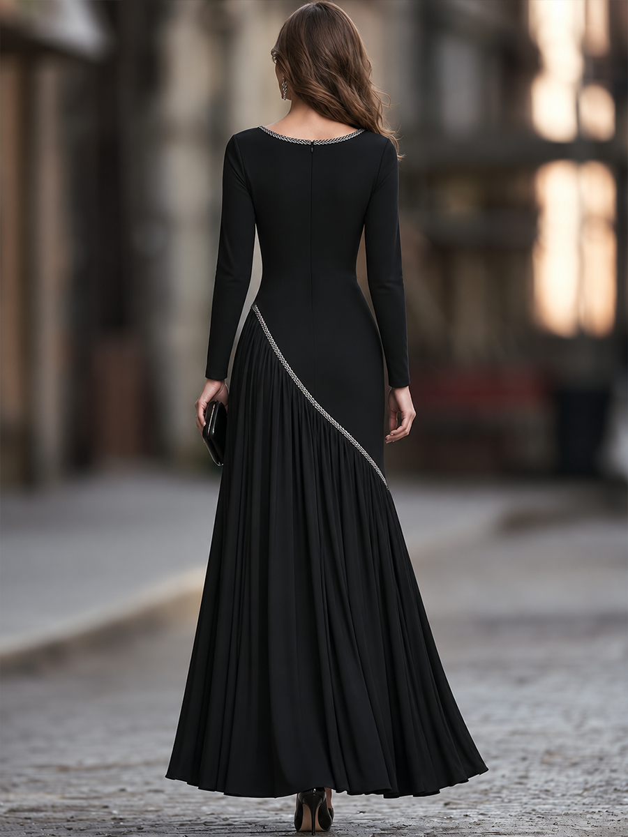 Decorative Ribbon Trim Asymmetric Pleated Maxi Dress