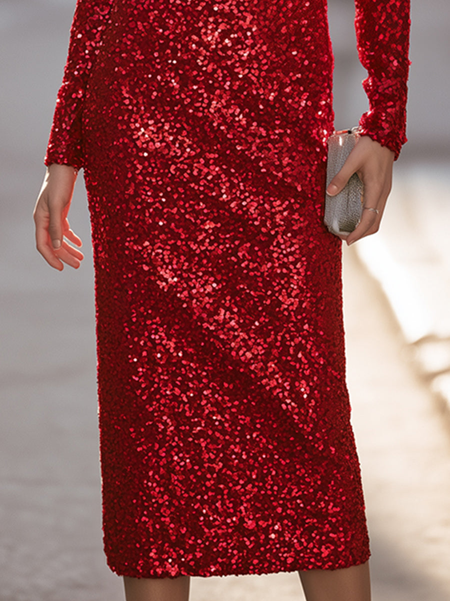 High-Neck Asymmetrical Sheer Mesh Sequin Midi Dress