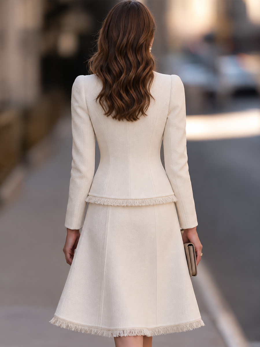 Pearl Button Fringe Trim Jacket And Skirt Set