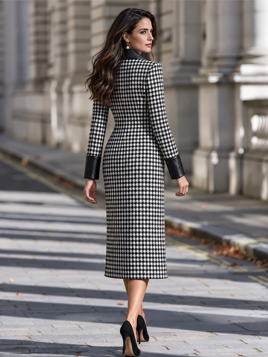Contrast Lapels Houndstooth Double-Breasted Midi Coat