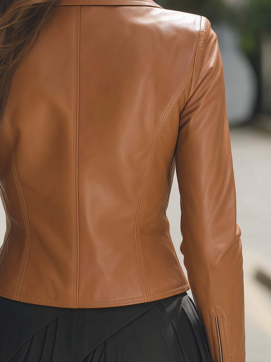 Camel Brown Asymmetric Zip Leather Jacket