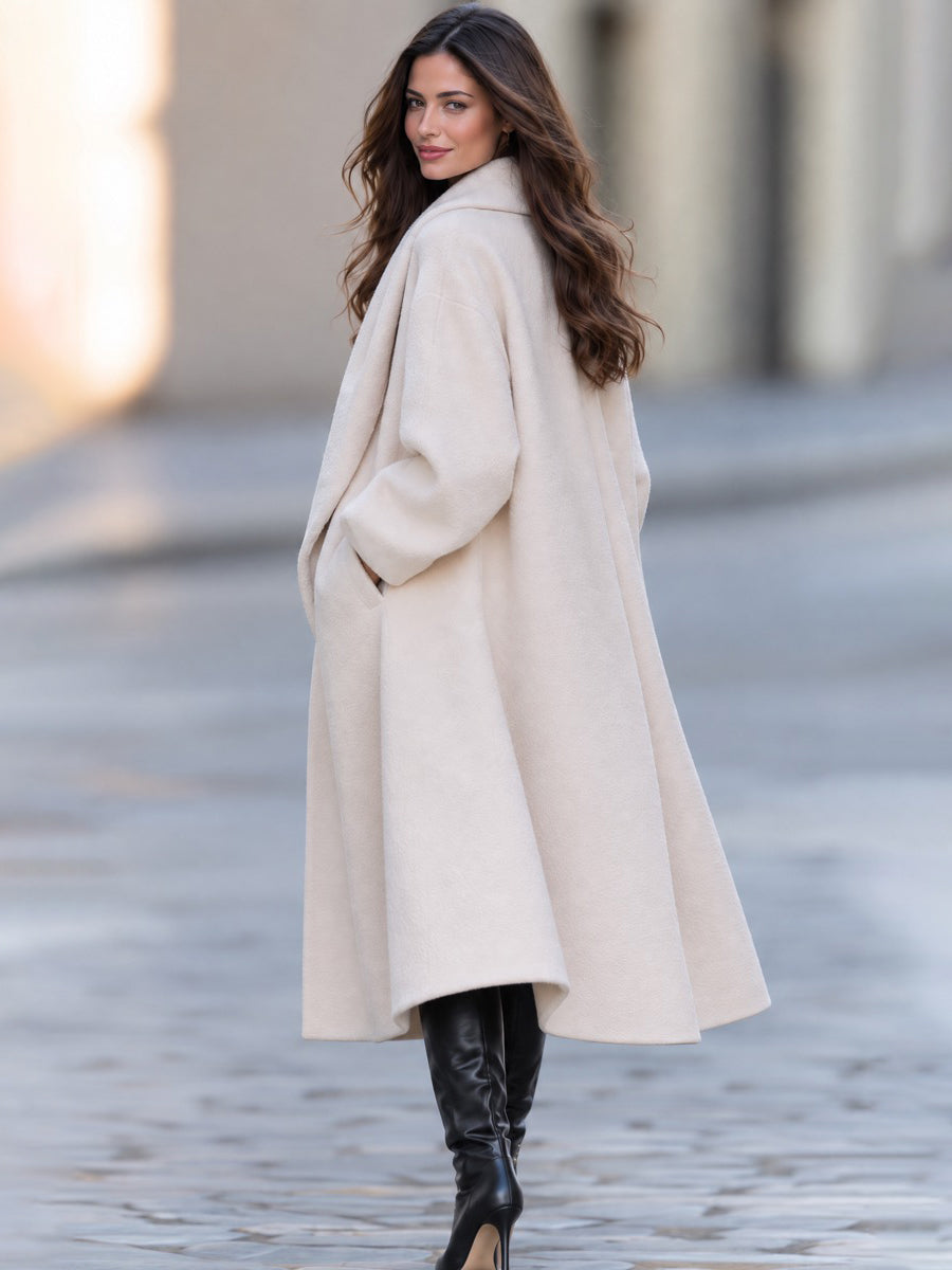 Women's Ivory Oversized Shawl Collar Wool Blend Long Coat