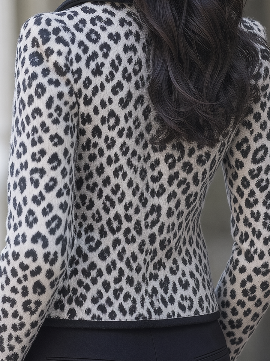 Monochrome Leopard Print Faux Fur Collar Cropped Jacket