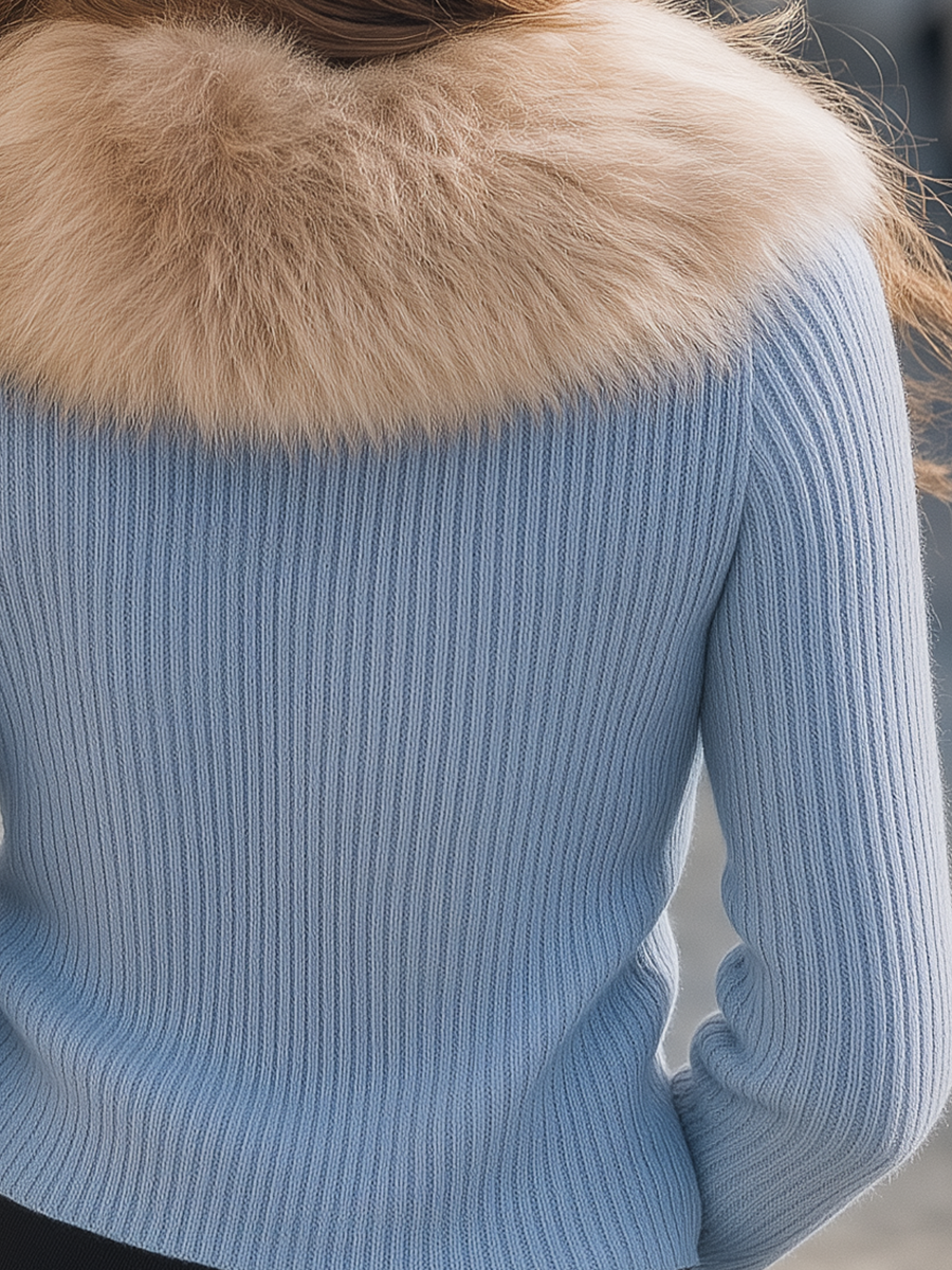 Light Blue Ribbed Knit Zip Cardigan With Faux Fur Collar