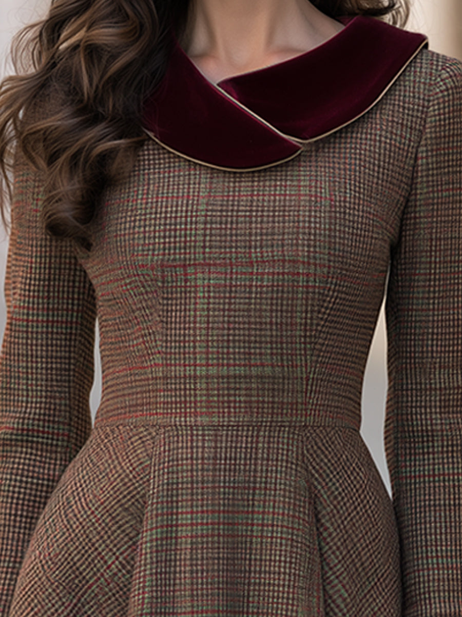 Burgundy Velvet Collar Plaid Wool Blend A-Line Midi Dress