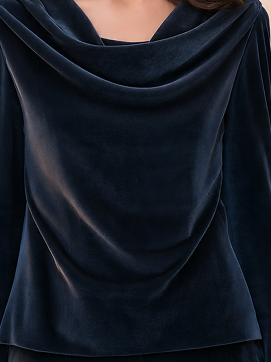 Navy Blue Velvet Draped Cowl Neck Long Sleeve Top