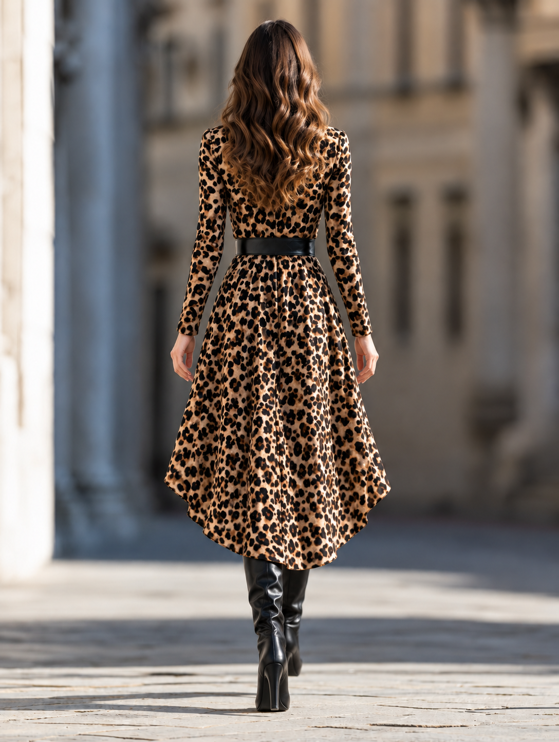 Leopard Print High-Low Belted Dress