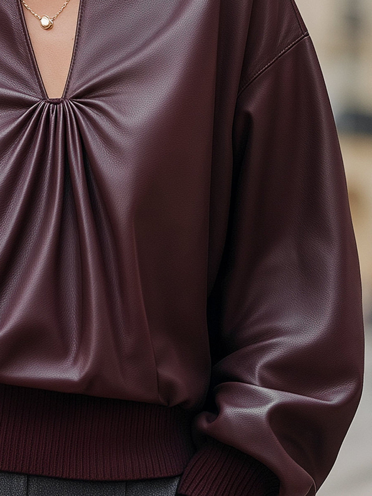 Faux Leather Cutout Turtleneck Blouse