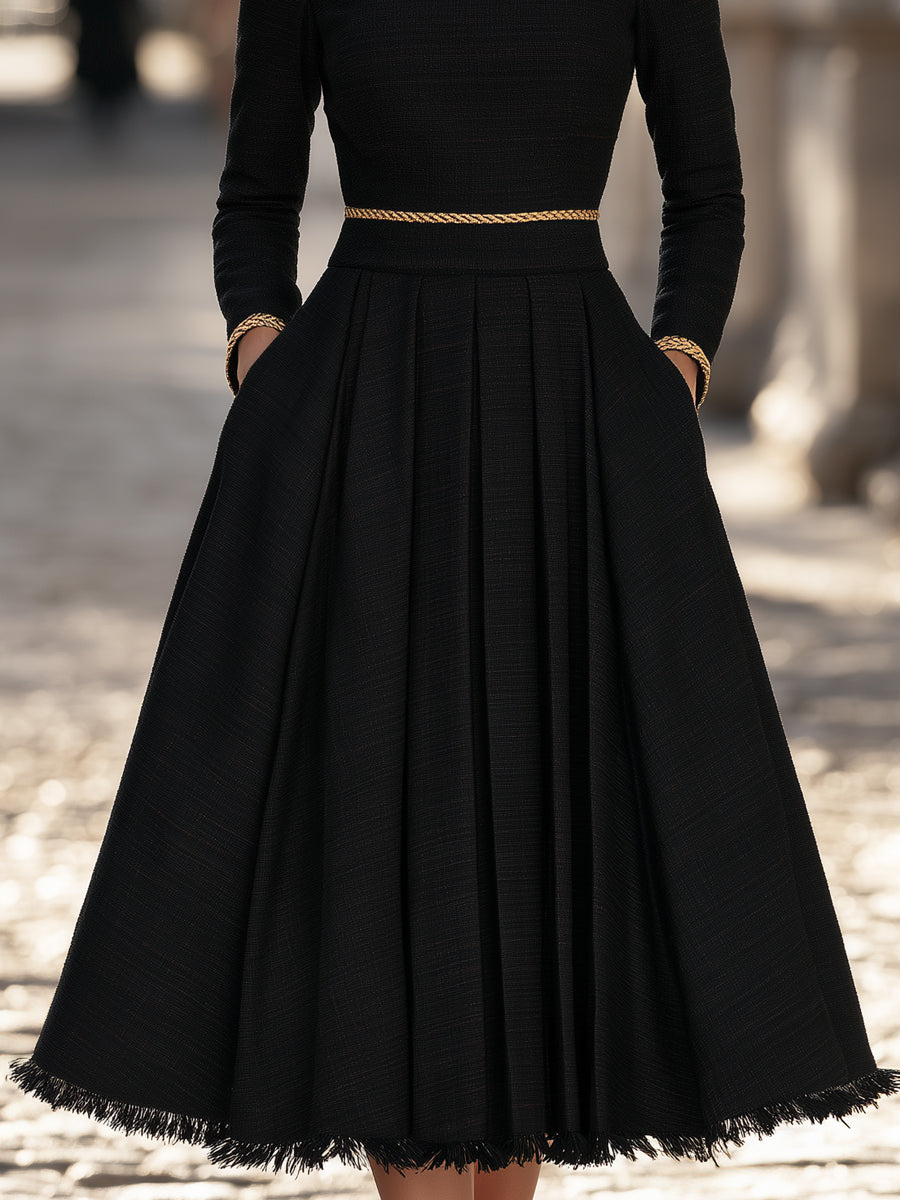 Gold Trim Fit And Flare Tweed Midi Dress