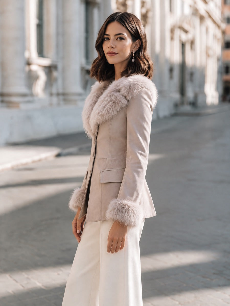 Elegant Faux Fur Trim Flap Pockets Fitted Jacket
