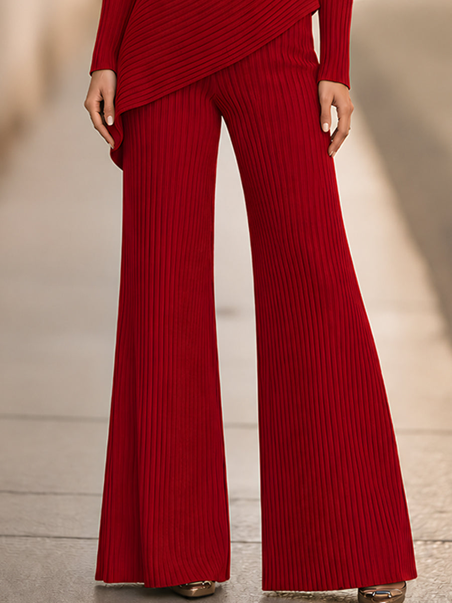 Elegant Ribbed Knit Asymmetric Peplum Top And Wide-Leg Pants Two-Piece Set