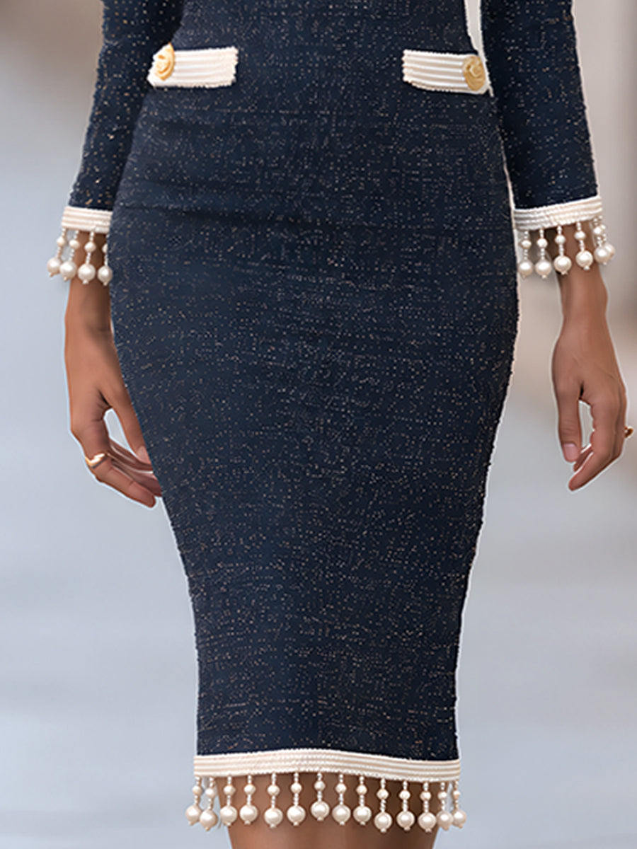 Elegant Navy Blue Tweed Pearl Fringe Long Sleeve Midi Dress