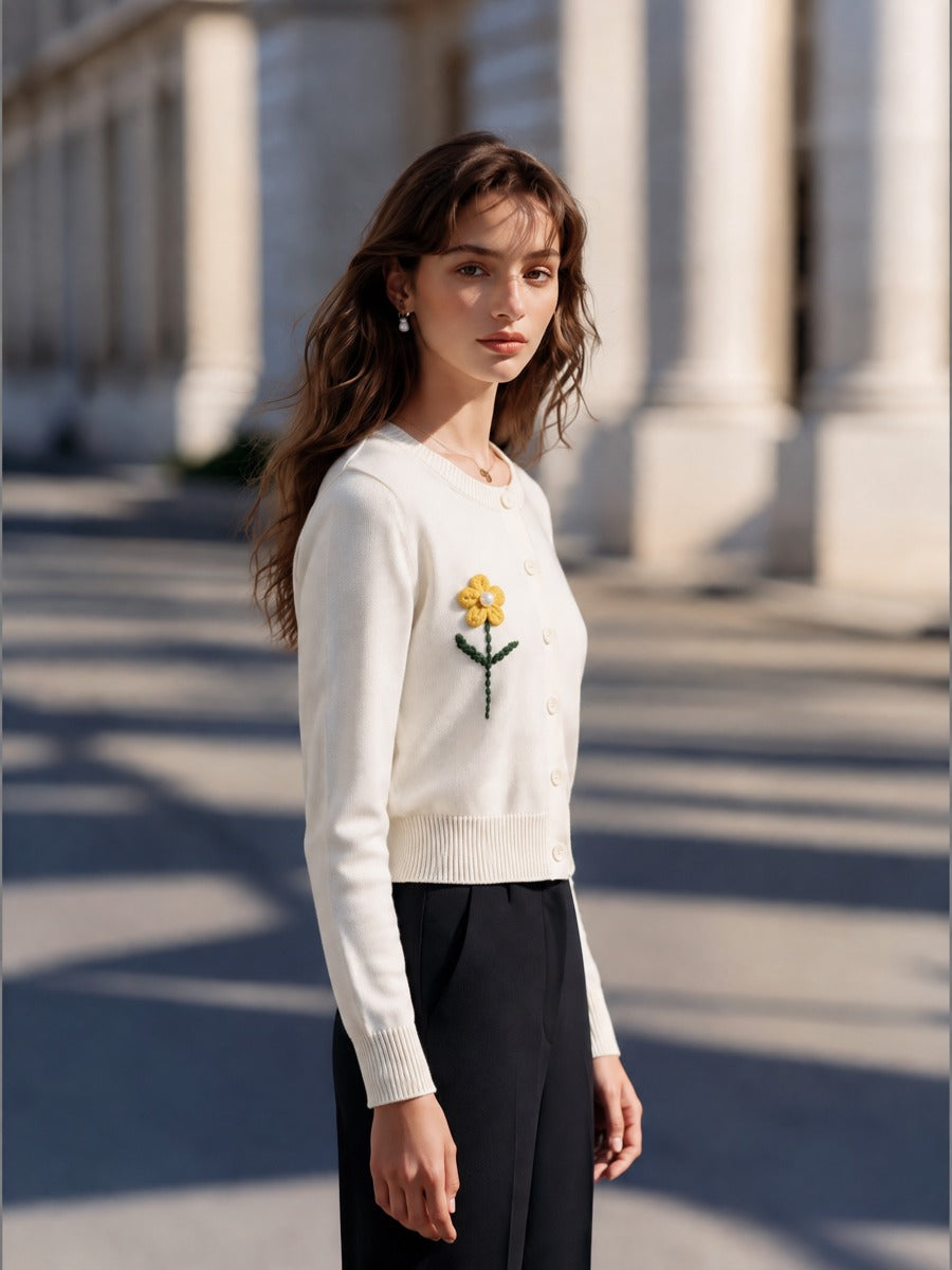 Elegant Floral Embroidered Button Front Knit Cardigan