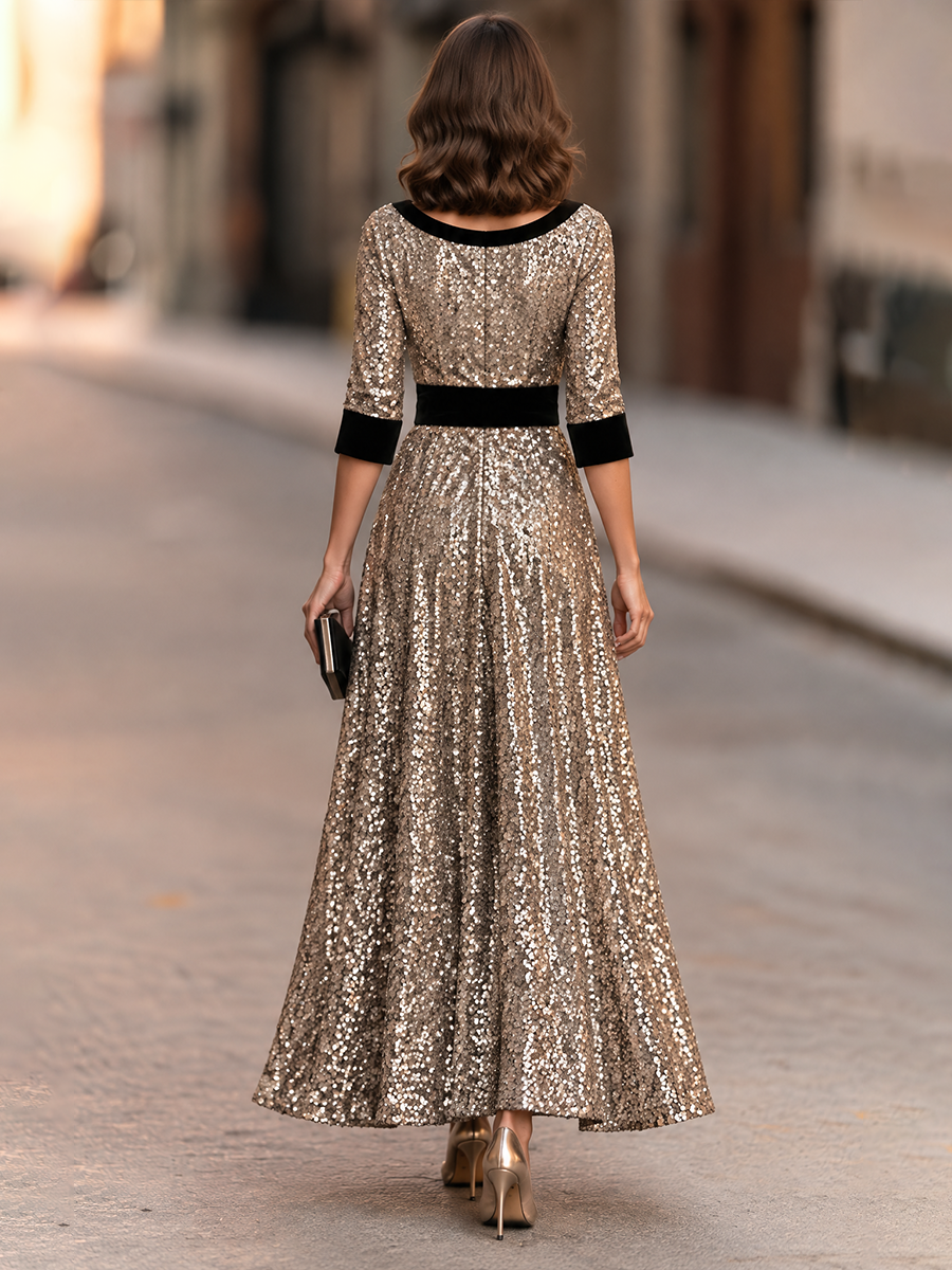 Velvet Trim Bow Waist Sequin Maxi Dress