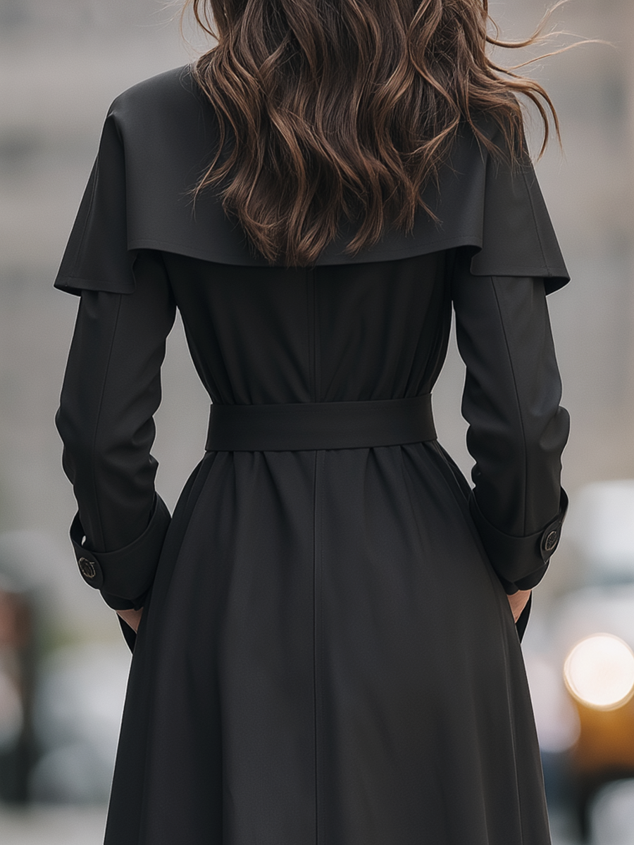 Black Cape Collar Belted Long Trench Coat